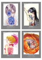 花と少年少女の手描き生原画と詩のセット